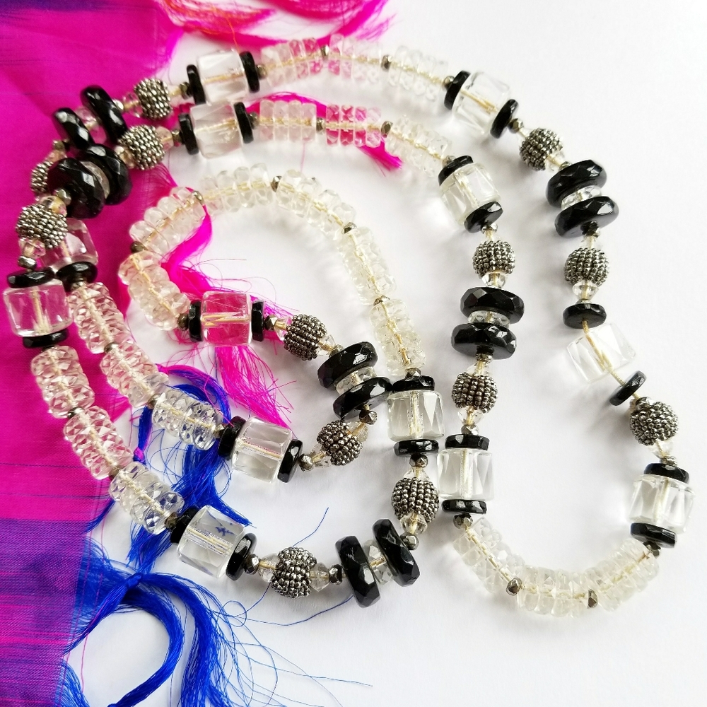Vintage Art Deco necklace black silver glass crystal